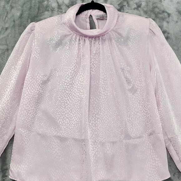 Vintage Grand Design Top Womens 12 Pink Jacquard Silky High Neck Long Sleeve - Picture 2 of 10